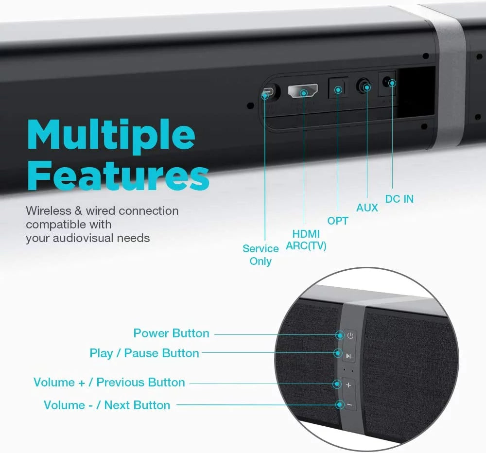 Bluetooth Sound Bar for TV, 50W Sound Bar with 4 Drivers and Remote Control, Home Audio TV Speakers Sound Bar with Arc/Optical/Aux Connect